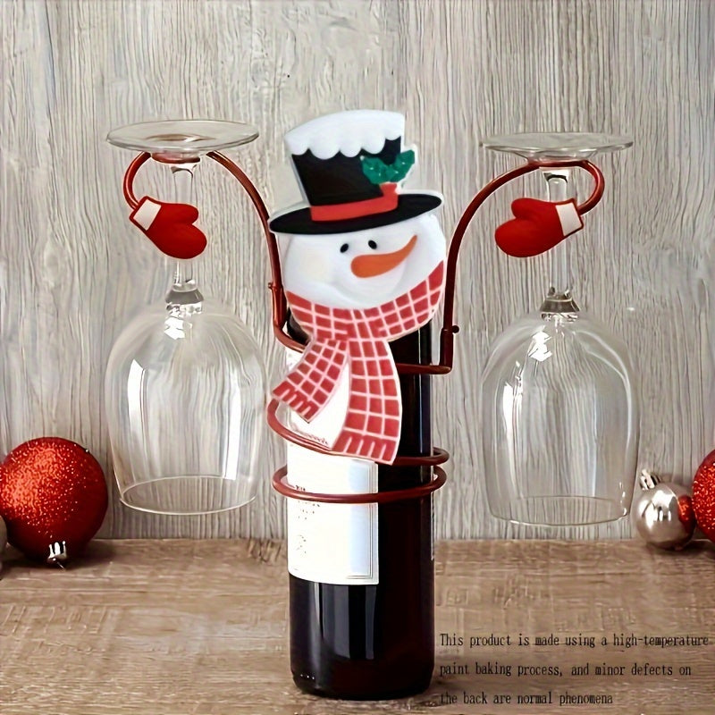 Festive Christmas wine bottle and glass holder set featuring Santa and Snowman designs. Ideal for holiday table displays, dining decor, and gifting.