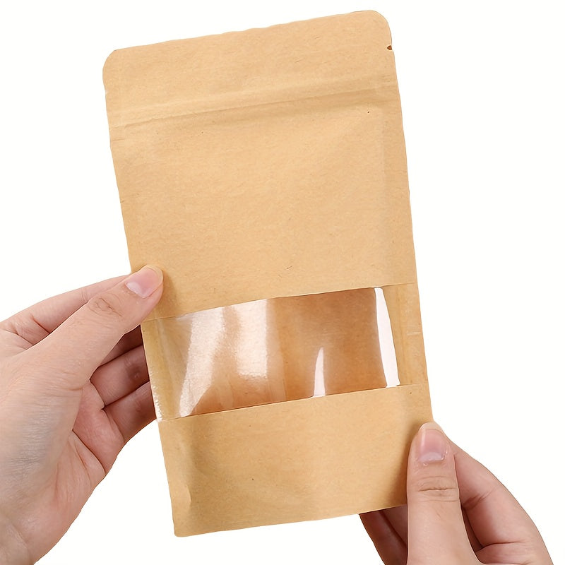 50/25 Waterproof Kraft Paper Stand Up Pouches with Window for Coffee, Resealable and Sealable for Home or Business Packaging.