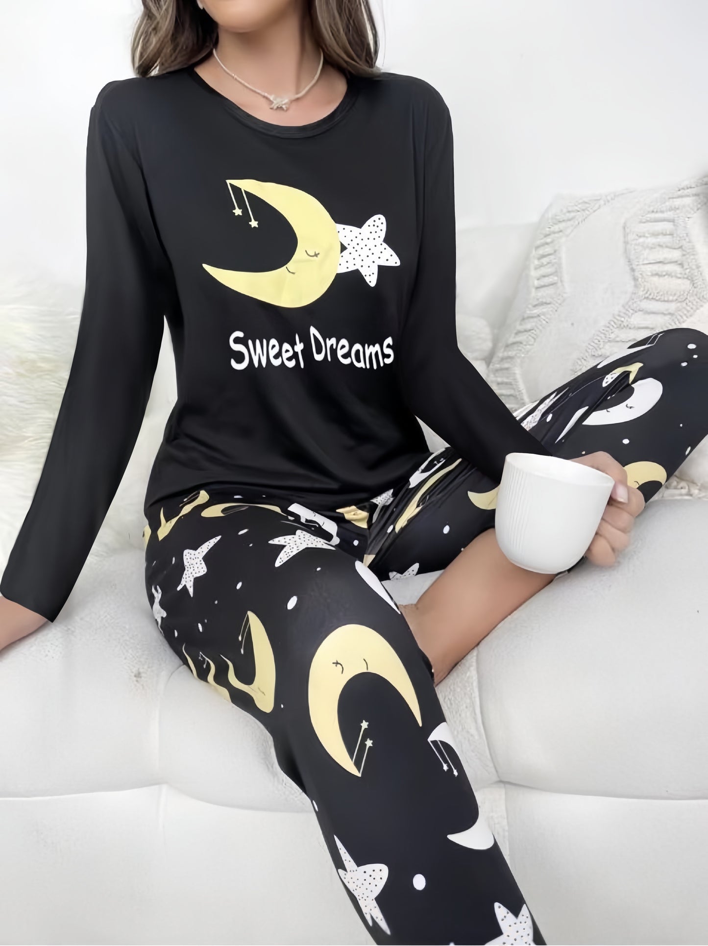 Women's loungewear set with moon and star print, long sleeve top, crew neck, elastic waistband pants