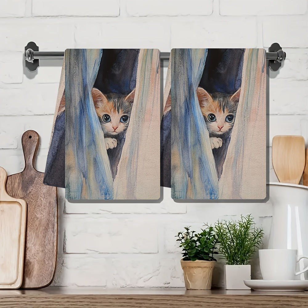 Ultra Soft Kitchen Towels with Peekaboo Kitten Design - Set of 2. These charming towels are highly absorbent and machine washable, perfect for everyday use in your kitchen. The contemporary watercolor art adds a stylish touch to your holiday decor. Each