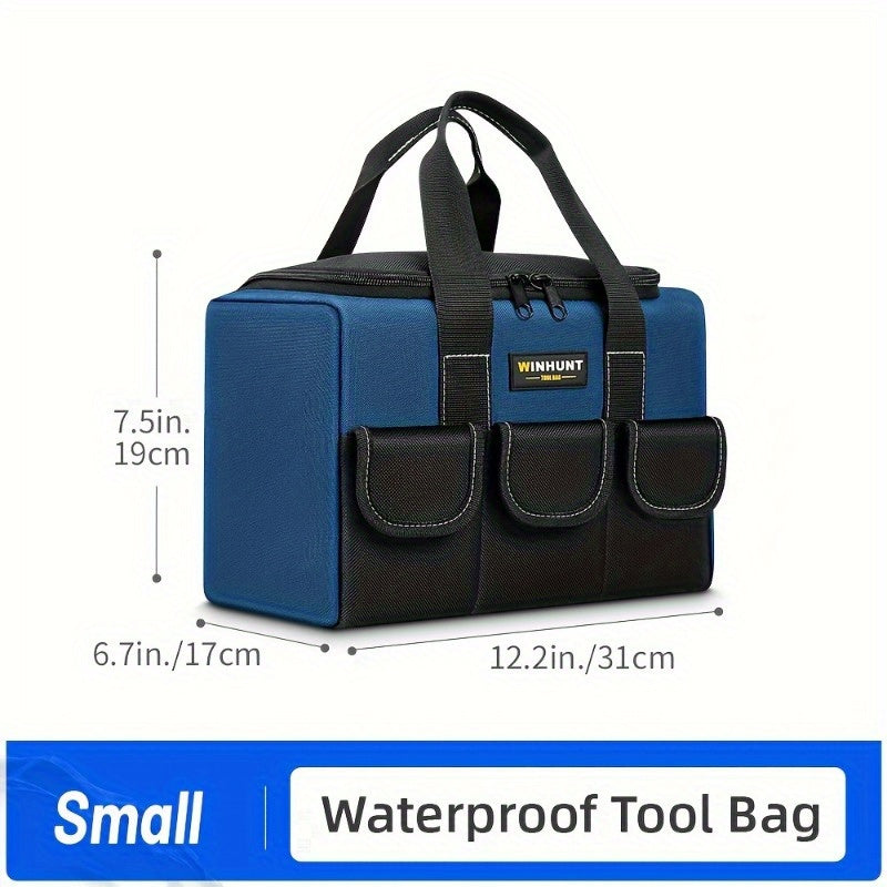 Durable blue tool bag with wide mouth, waterproof and organized for tradesmen.