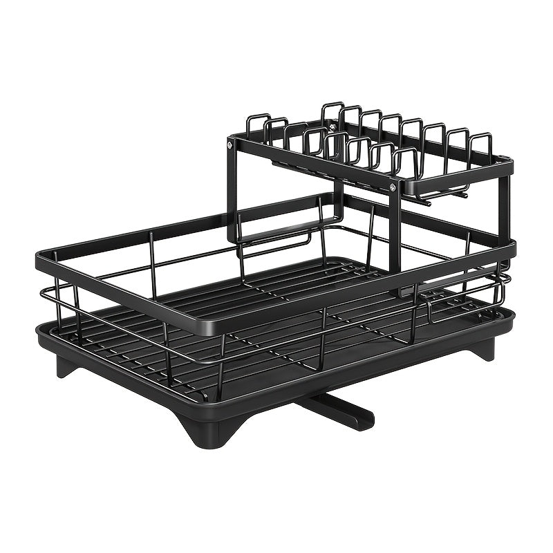 Space-saving double dish rack with drainer, chopping board rack, cup, and cutlery rack. Large capacity, stackable, easy to remove for cleaning. Ideal for kitchen organization.