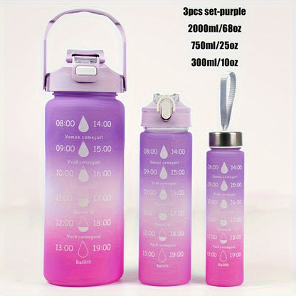 Set of 3 sports water bottles with time marker, leakproof design, and one-click open lid. Great for fitness and outdoor activities.