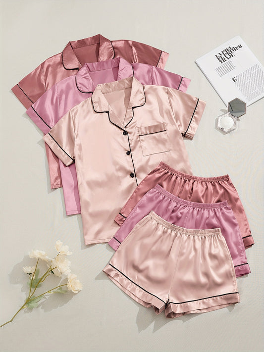 Women's two-piece pajama set in multicolor variety of short-sleeved shorts and solid color imitation satin.