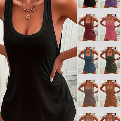 Casual solid sleepwear tank dress with racer back and curve hem for women, comfortable nightgown.