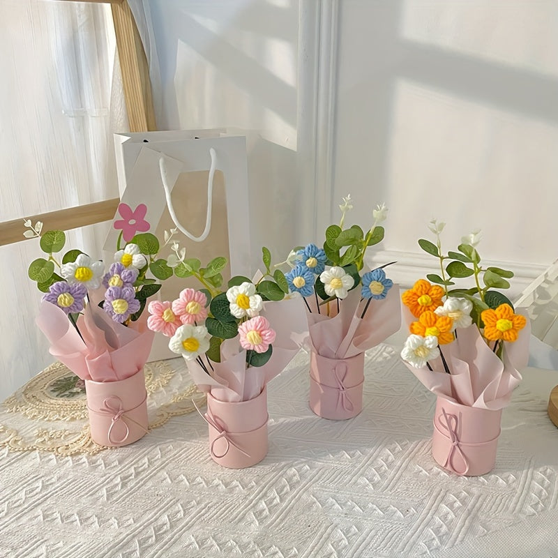 Handmade woven yarn artificial flower bouquet set includes fabric and woven flowers, plastic bucket, wrapping paper, and 5 crochet flowers. Ideal for gifts for mom, friends, or special occasions like Mother's Day, Valentine's Day, birthdays, or home