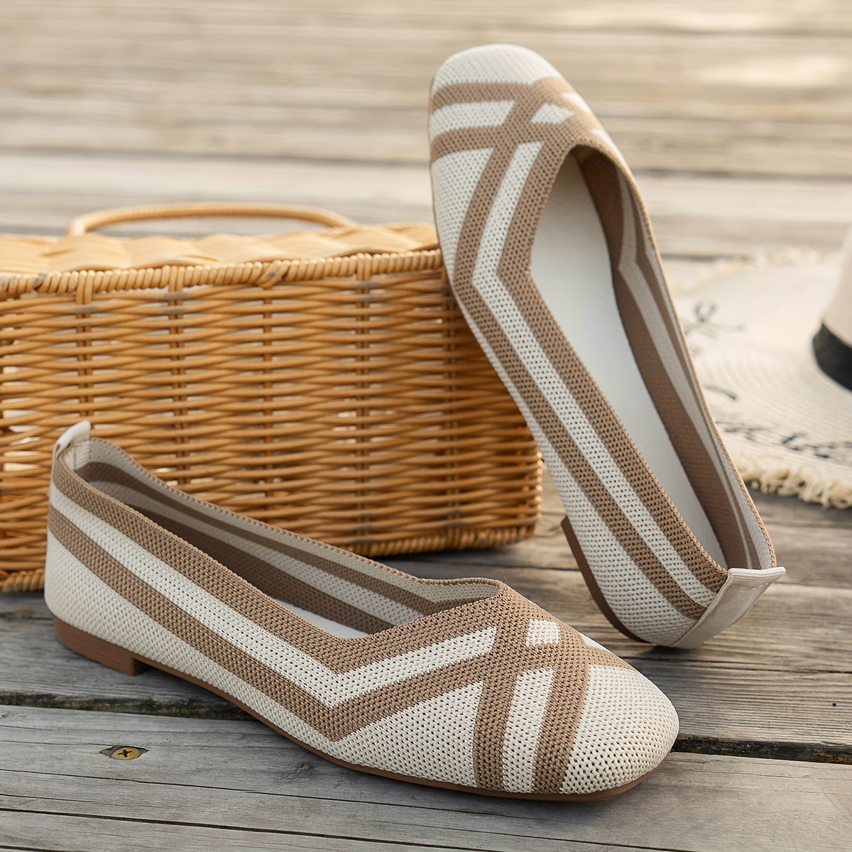 Breathable non-slip ballet flats with stylish square toe design, black & white cross strap, comfortable fabric upper, TPR sole for all-day wear. Versatile slip-ons featuring crisscross