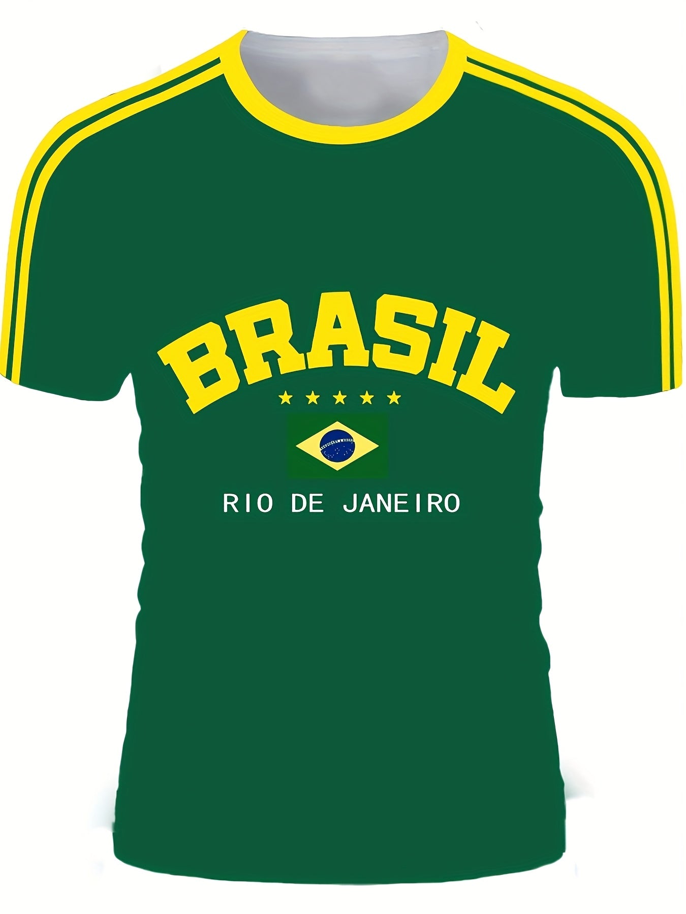 1pc Brazil-inspired men's casual short sleeve T-shirt with digital print, crew neck, polyester knit fabric with stretch, ideal for summer activities and daily wear.