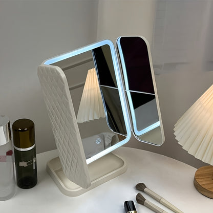 1PC LED Vanity Mirror with Leatherette Stand, Rechargeable Battery, Smart Touch Control, Foldable, Cartoon Theme, Polished Finish, Plastic Frame, USB Powered, Alcohol-Free, for Residential