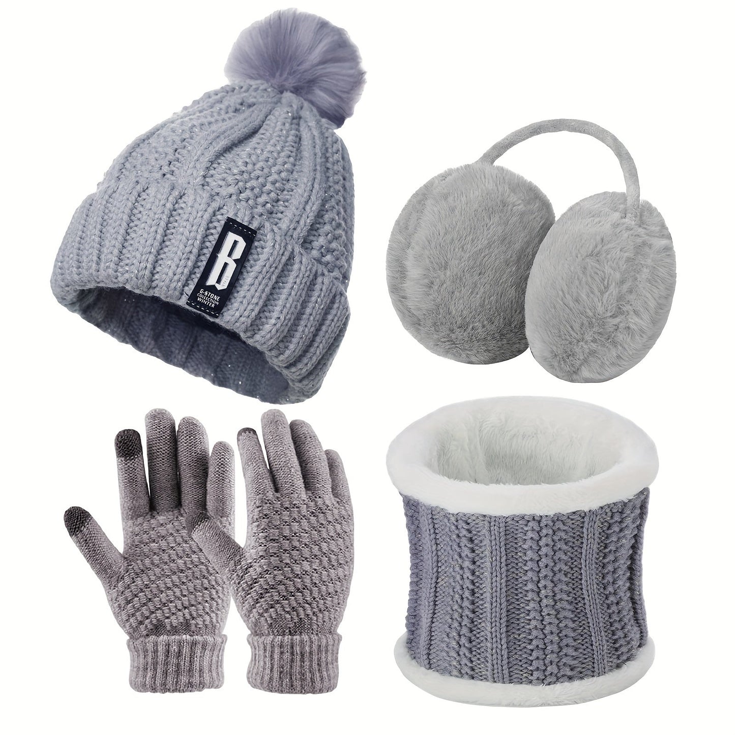 Winter Accessories Set for Women - Includes Polyester Knitted Beanie Hat with Pompom, Ear Warmers, Touch Screen Gloves, and Scarf - Perfect for Skiing and Outdoor Sports