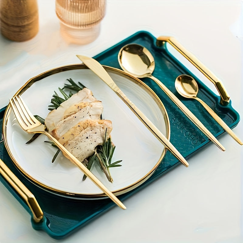 16-piece gold stainless steel cutlery set, ideal for weddings and special occasions, includes 6 steak knives, forks, and spoons. Durable tableware for home.