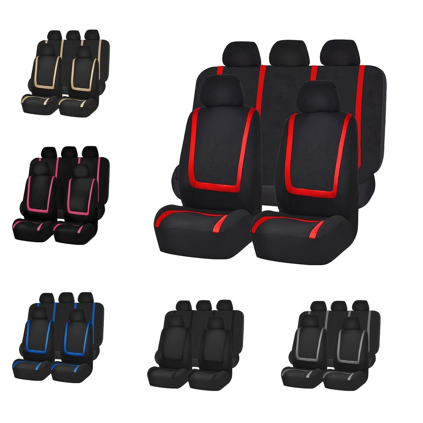 Nine-piece car seat set with patchwork design.