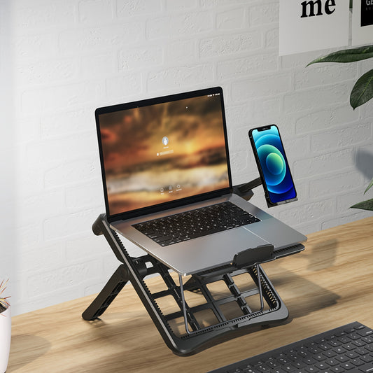 Adjustable laptop stand for 43.94cm laptops with phone holder, durable ABS material, ergonomic design, sturdy metal frame.