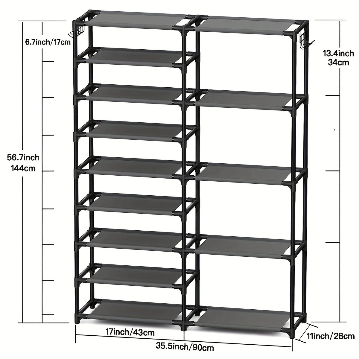 Shoe Rack Organizer with 9 Tiers, Large Capacity Garage Shoe Rack, Vertical Free Standing Design, Heavy Duty Boot Rack with Two Rows of Hooks, Multifunctional Storage for 24-35 Pairs of Shoes. Color: Black.