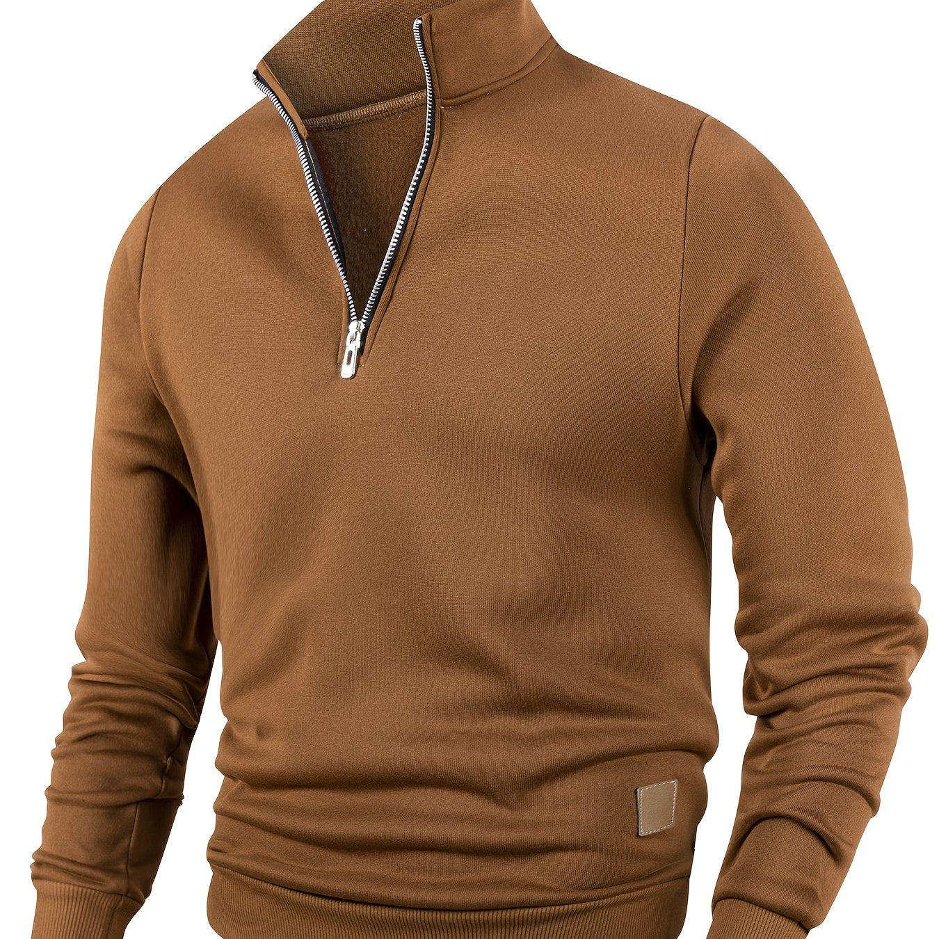 Men's casual half-zip pullover sweatshirt in solid color, made of 100% polyester knit fabric with a slight stretch. Features a stand collar, long sleeve, zipper detail, and regular fit.