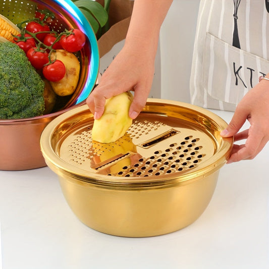 Kitchen accessories set includes 1 fruit peeler, 1 fruit slicer, 1 vegetable washing basket, 1 vegetable basin, 1 fruit drainer basket, 1 stainless steel fruit cutter, 1 vegetable cutter, 1 U-shaped peeling knife.