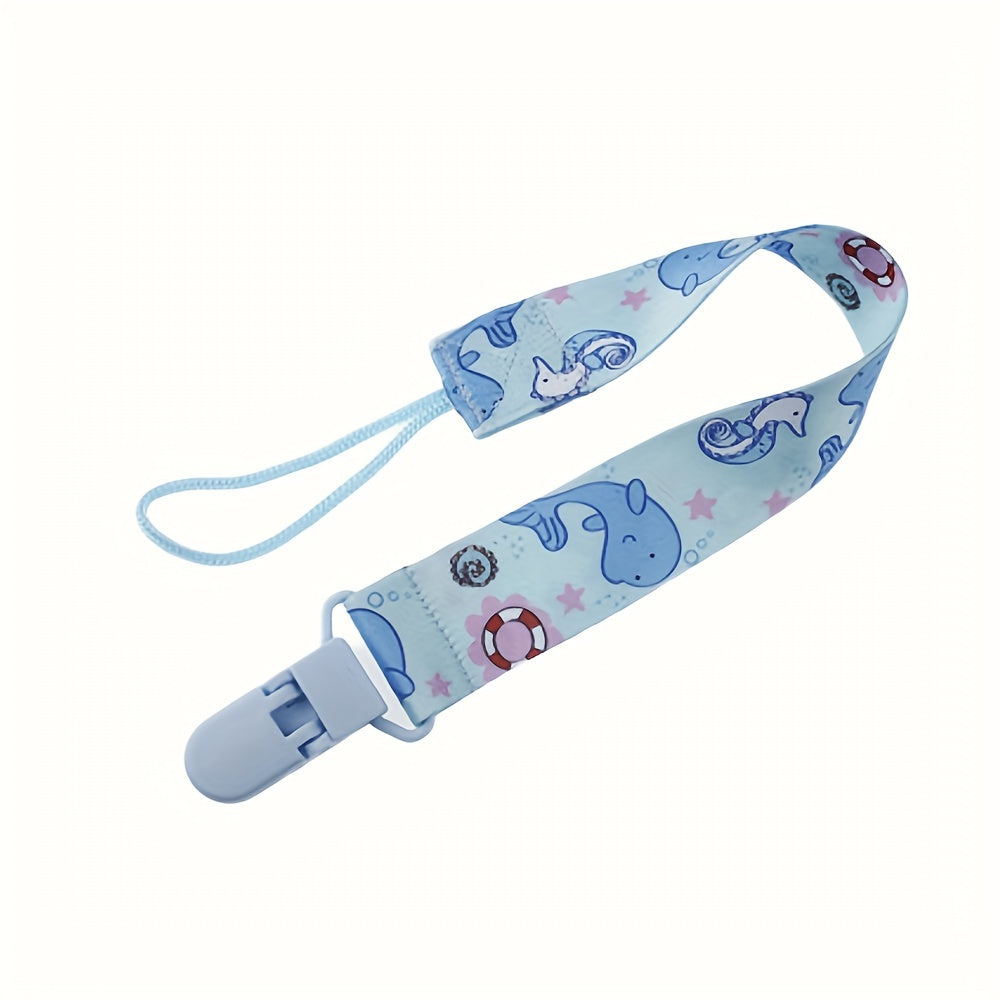 Two adorable patterned pacifier chains in yellow and blue, complete with pacifier clips and holders.