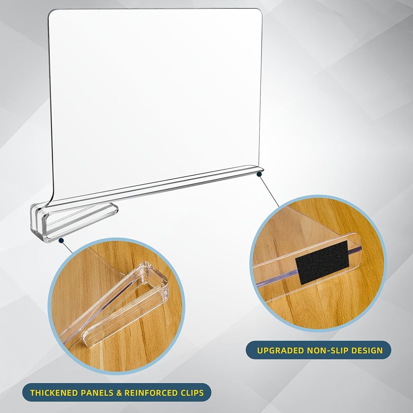 Clear Plastic Bag Storage Dividers in sets of 2, 4, 6, 8, and 12. These detachable cupboard shelves come with nonslip feet, perfect for organizing books and other items in your closet, bathroom, or office. Ideal for L-shaped storage shelves, this