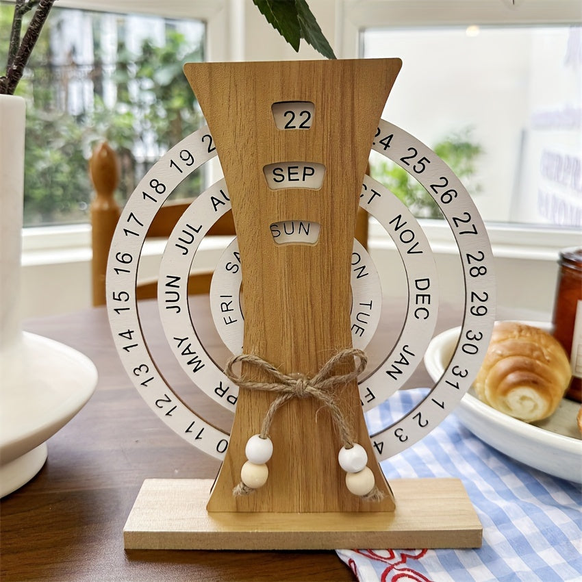 Handcrafted wooden perpetual desk calendar with moon ferris wheel design, weekly-monthly view, and rotatable manual date tracker. Ideal for home and office décor. 1 piece.