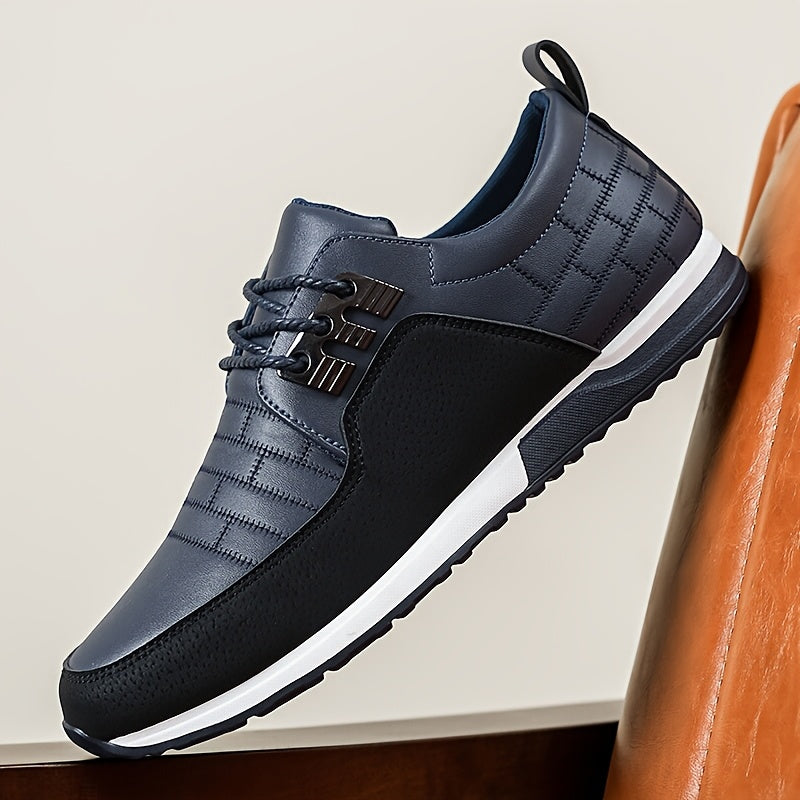 Men's casual business sneakers with a solid color faux upper, fabric lining, EVA insole, and PVC sole. Features a round toe, low-top design, and lace-up closure for daily and leisure wear.