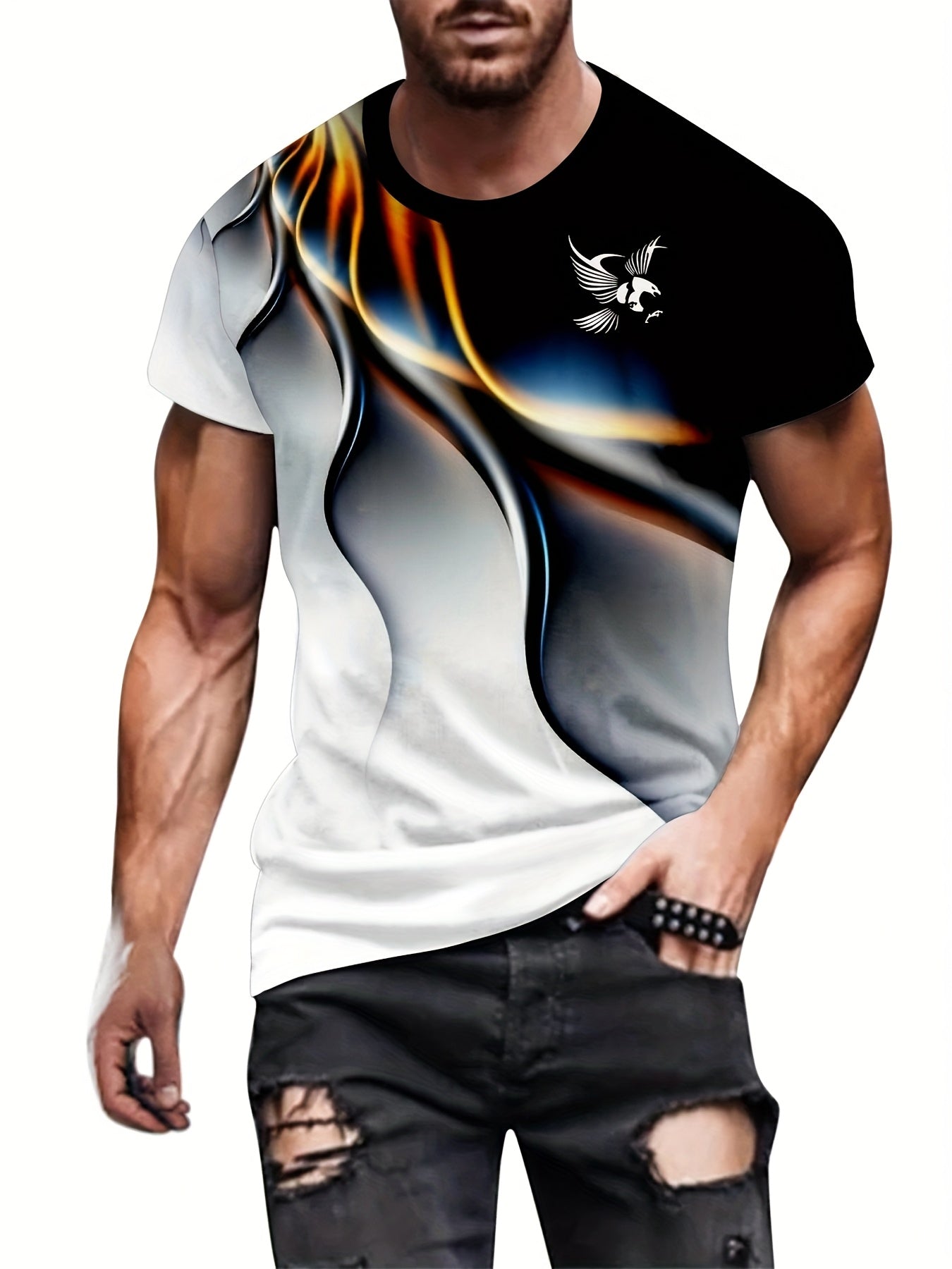 Men's stylish and comfortable print T-shirt made of 100% polyester knit fabric with a slight stretch and regular fit.