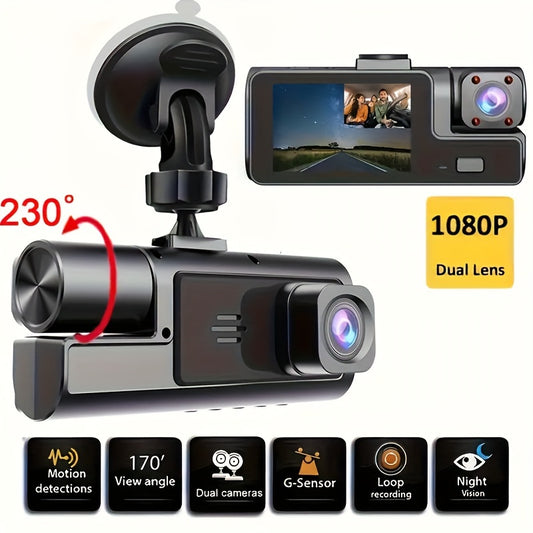 ZKCAMSPY 1080P Ikki tomonlama Dash Cam keng burchak, tungi ko'rish, G-Sensor, aylana yozuv, LED displey va zaryadlanuvchi batareyaga ega. Haydovchi tomoni orientatsiyasi, SD karta kiritilmagan.