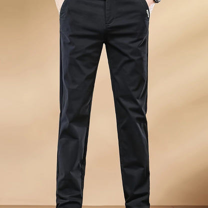 Men's premium cotton straight-leg business casual pants with a thick, classic design featuring button closure, elastic waistband & cuffs, and a slim fit for all-day comfort.