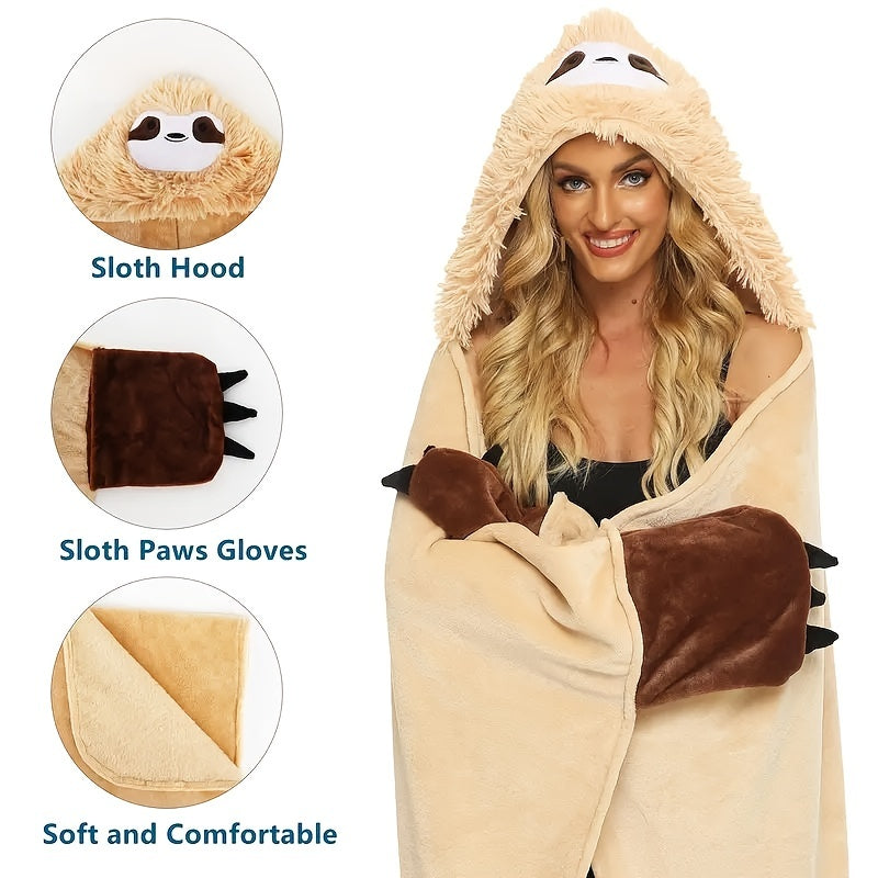 Soft and Fluffy Hooded Sloth Wearable Blanket for Women - Cozy with Large Pockets for Snuggling & Napping, Machine Washable, Made of Polyester, Size: 149.86x129.54 cm