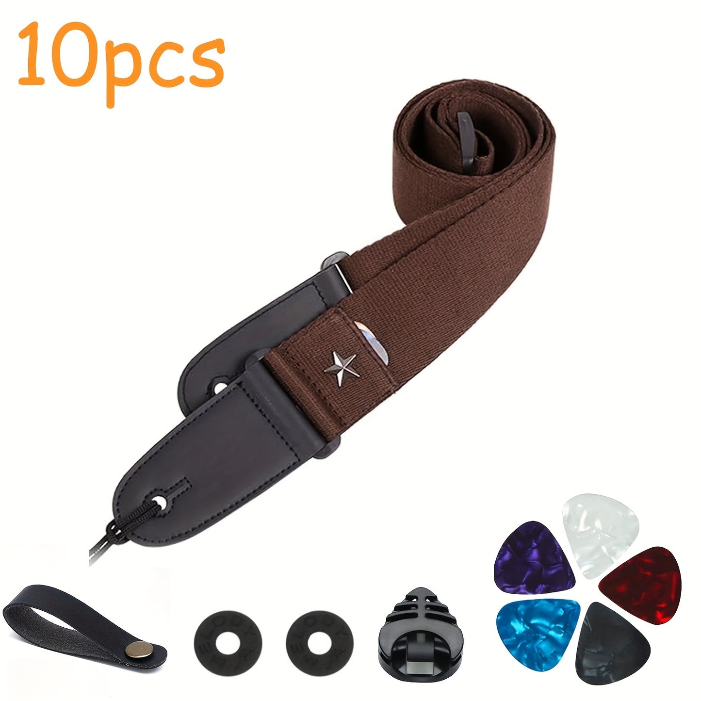 10 Adjustable Guitar Straps with Pick Holder, Star Shoulder Straps, Leather Ends - Includes 5 Picks, 1 Hold, and 2 Washers