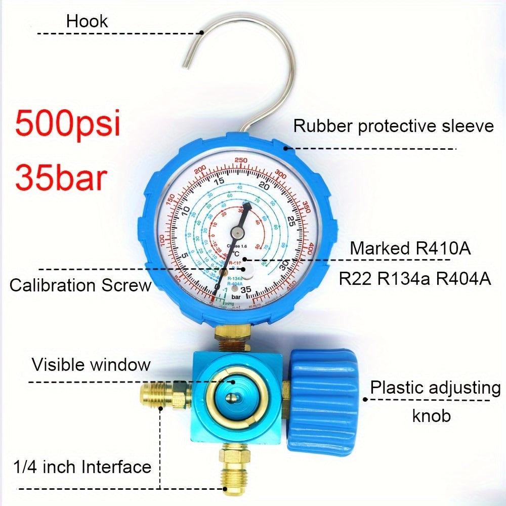 Three-Way Manifold Pressure Gauge Valve for R407C, R22, R134a, R404A Refrigerants, Compatible with Red/Blue Tool Air Conditioner