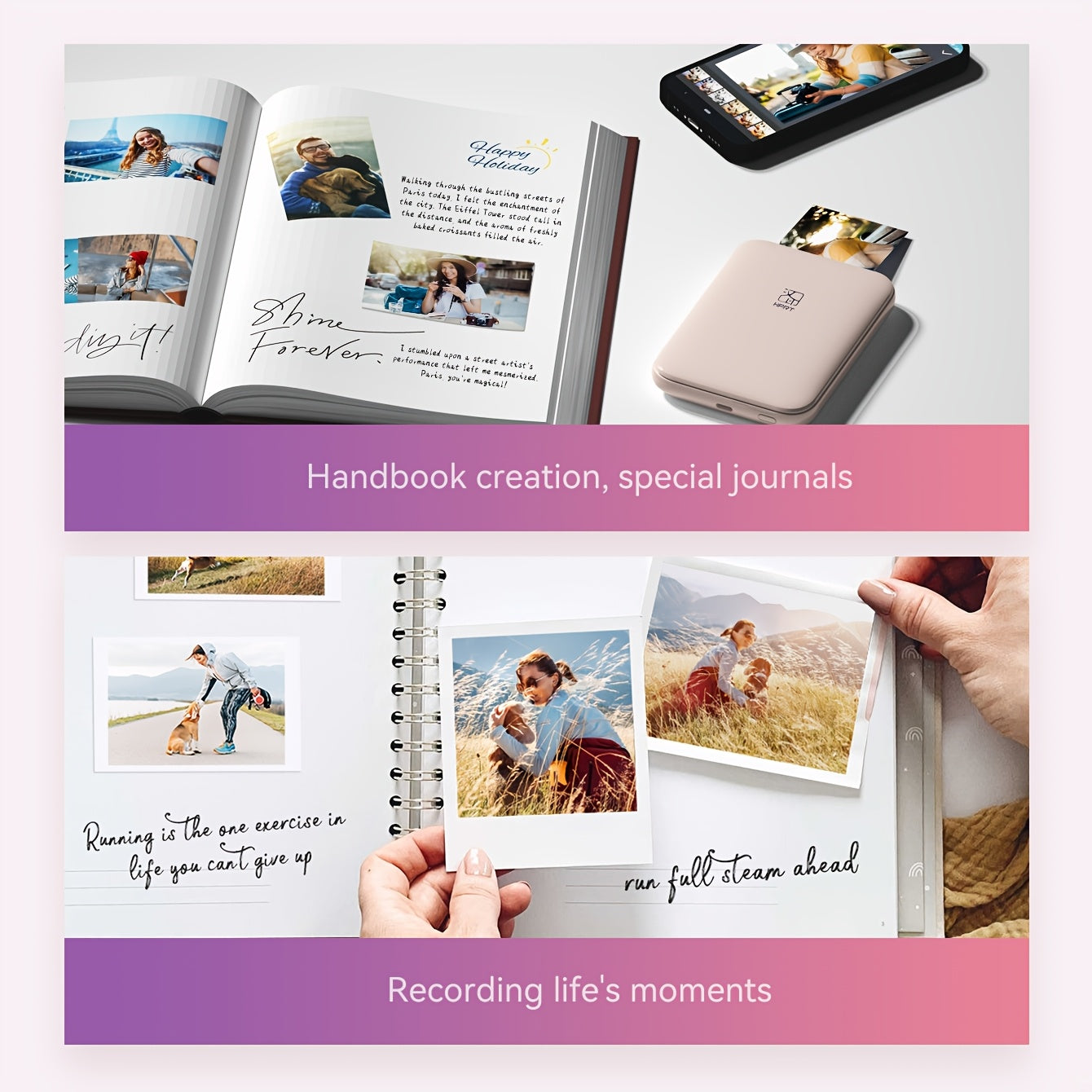 HPRT Mini portable photo printer with wireless connectivity, 303DPI color printing, ZINK technology, compatible with iOS/Android devices, ideal for parties/travel in pink.