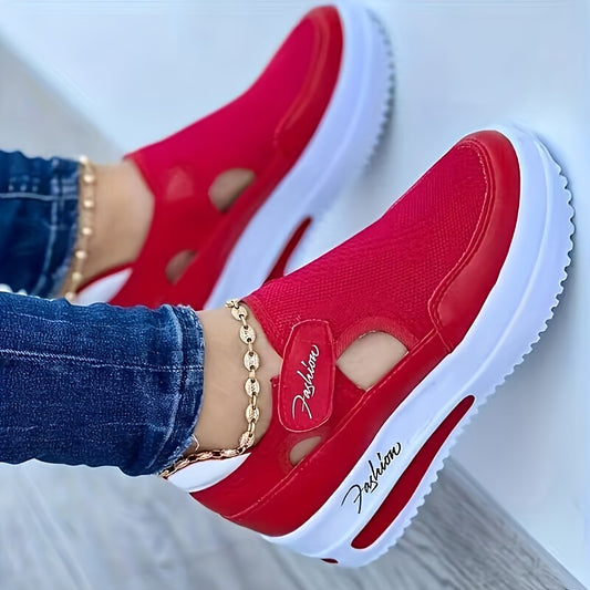 Women's fashion sneakers in red color, with breathable mesh, hook-and-loop fastener strap, and low-top design for all-season wear.