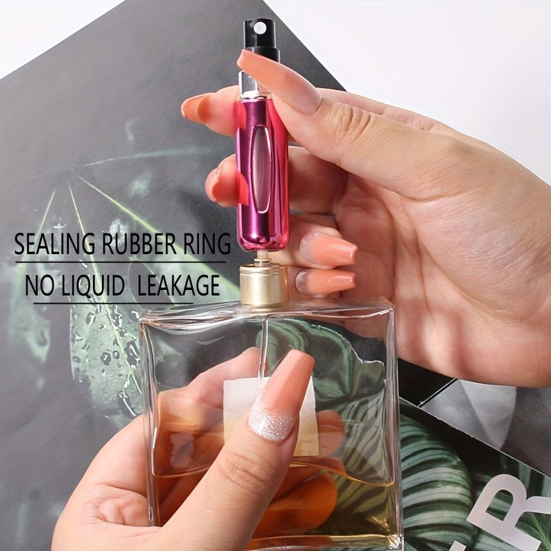 A set of 5 travel-sized refillable perfume atomizers, each holding 5ml. Conveniently carried in purse, backpack, or luggage. Features bottom filling and dispensing box. Ideal for cosmetics.