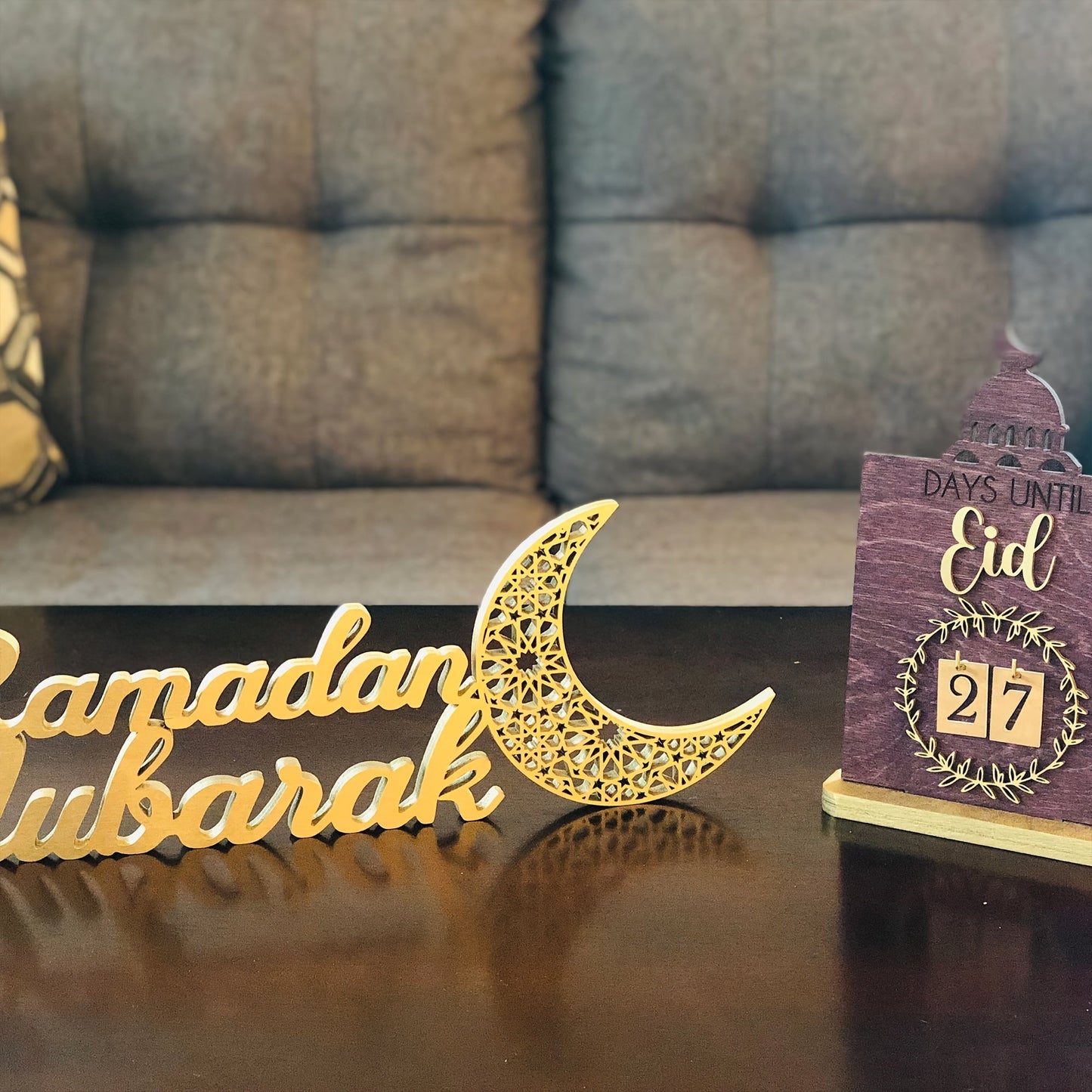 Chic Wooden Table Stand for Ramadan Mubarak - Bohemian Golden Crescent Moon & Stars Design, Ideal for Eid Al-Fitr Decor & Gifts, No Batteries Required