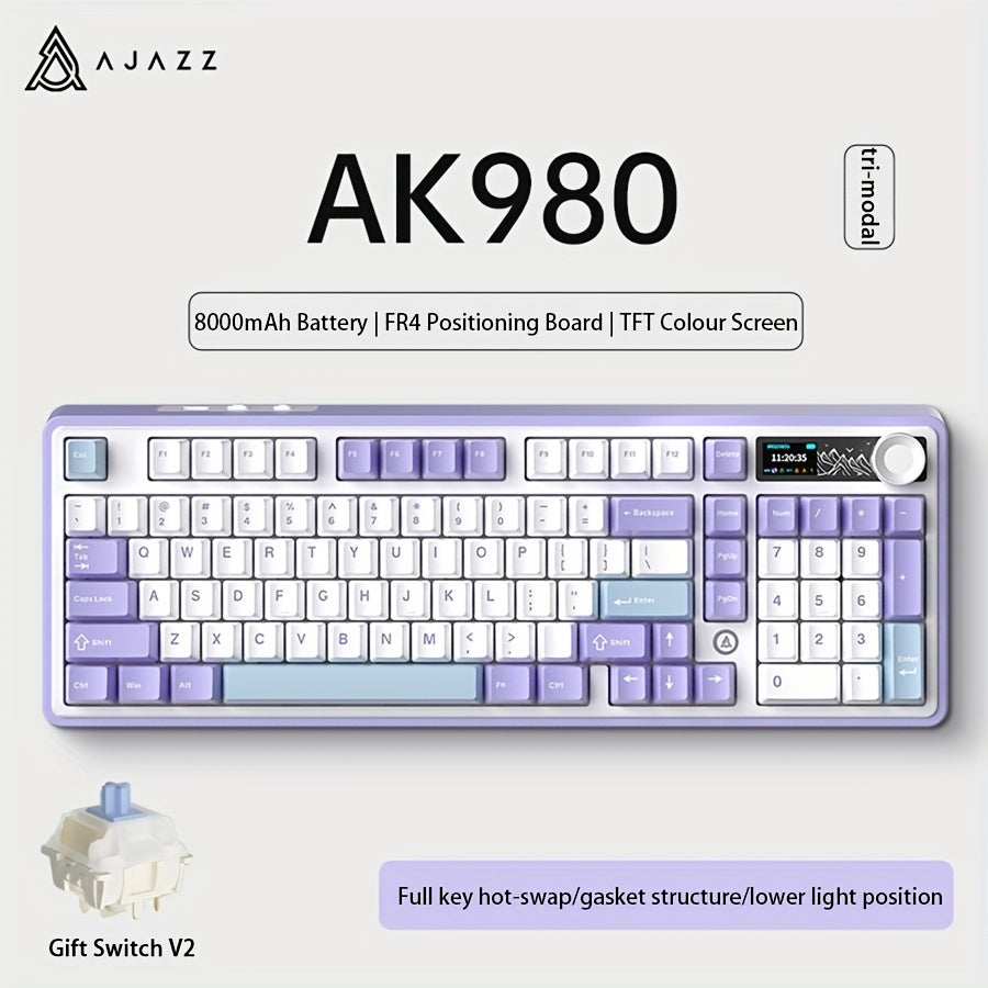 AJAZZ AK980 98-клавишная RGB механическая игровая клавиатура с беспроводным подключением 2.4G/5G, регулятором громкости, TFT цветным дисплеем, FR4 позиционной платой, конструкцией GASKET, полностью заменяемыми клавишами, аккумулятором на 8000 мАч.