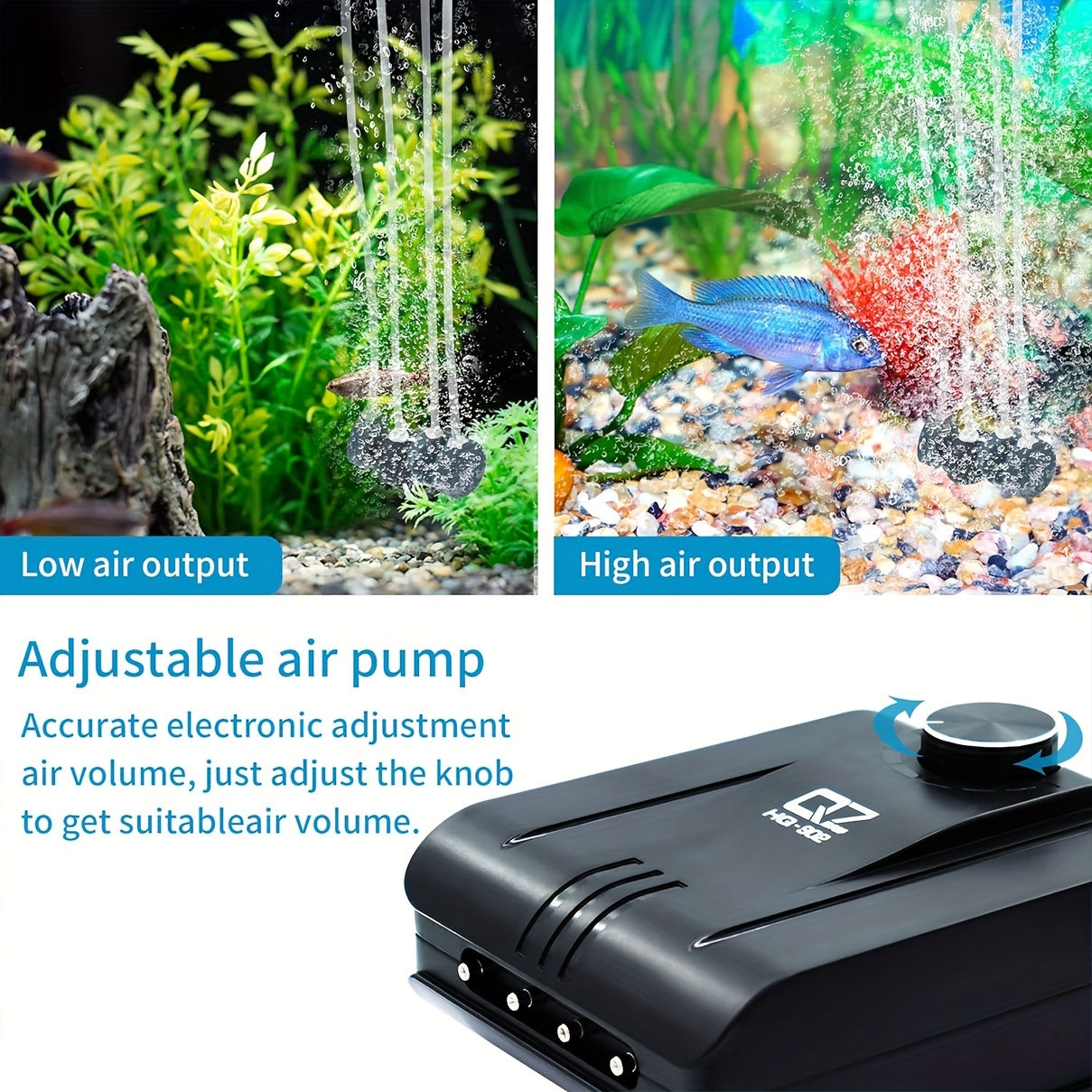 Quiet fish tank air pump with 4 outlets for aquariums up to 400 gallons, no battery needed.