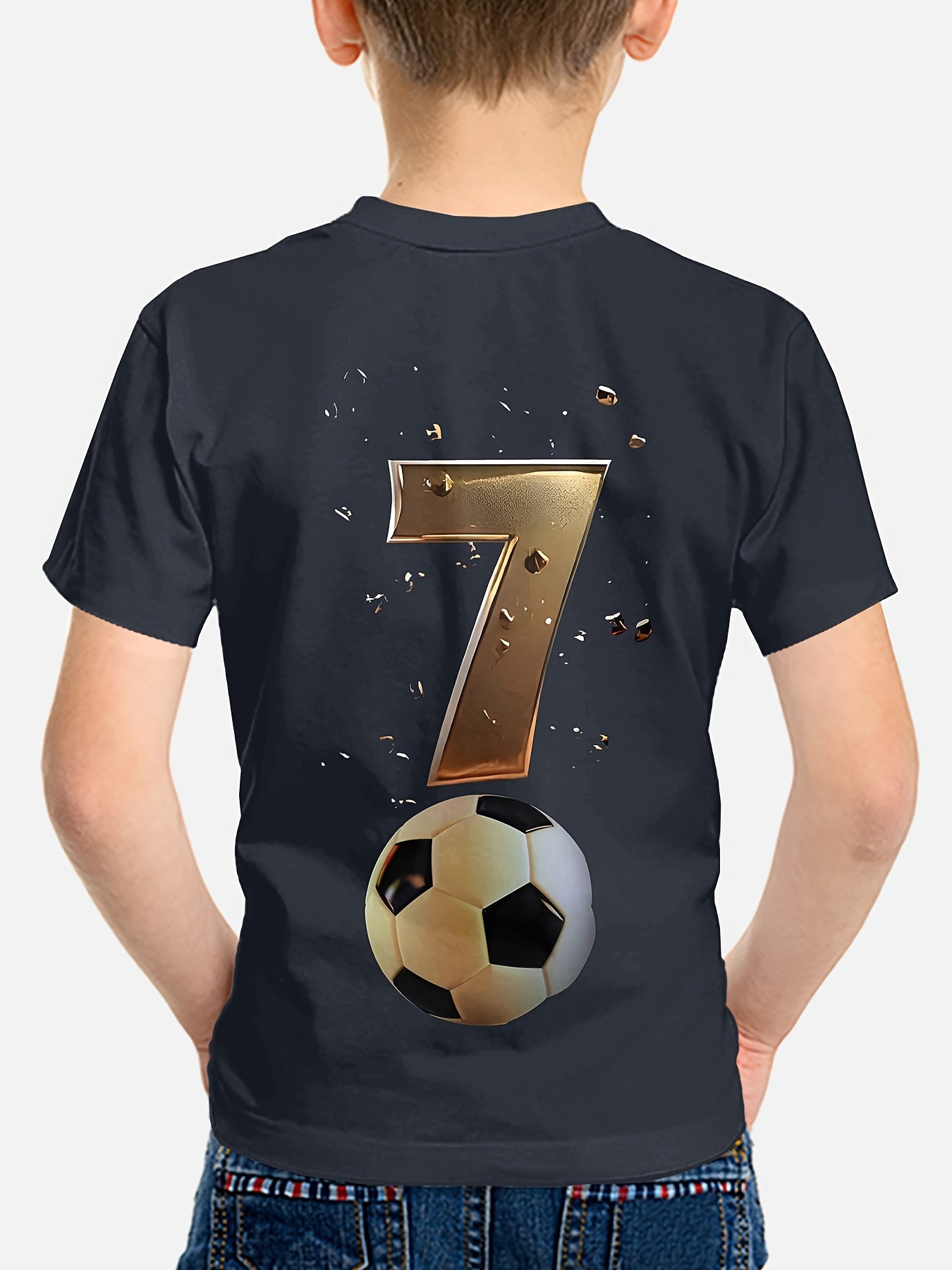 Soccer jersey t-shirt for boys featuring vibrant football player graphic, short sleeve, crew neck, and stretchable polyester fabric, ideal for playtime and outdoor activities.