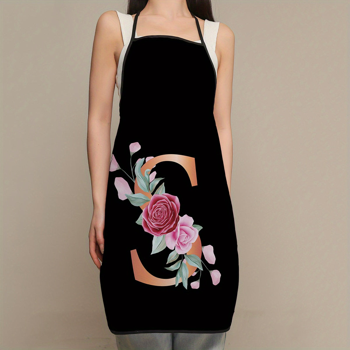 Women's flower and letter printed polyester apron - waterproof, thickened, and cute for household and kitchen use.