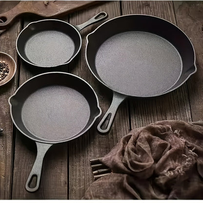 Cast Iron Skillet Set with Scraper & Lid - 3 Pieces, Pre-Seasoned Non-Stick Cookware for Frying, Stirring, and Baking - Must-Have Kitchen Tools.