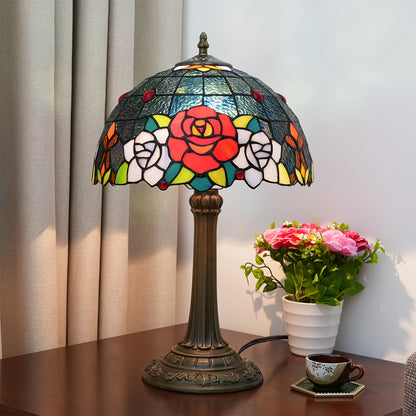 Handmade 12-inch glass desk lamp with green dragonfly pagoda shade and antique metal finish. Includes switch and 220-240V European plug. Perfect cozy bedside table lamp for various rooms in retro European countryside style. A creative gift idea.