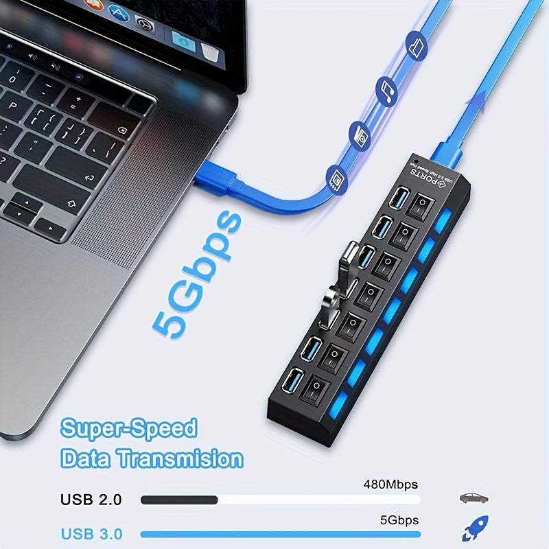 USB 3.0 хаб с 7 портами, светодиодный переключатель, быстрая передача данных, универсальная совместимость, прочный дизайн, не требуется батарея.