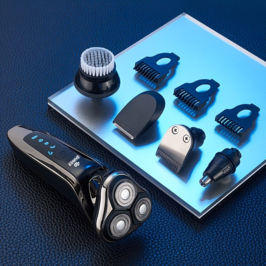 Get a smooth shave anywhere with CHIN 4D electric shaver for men. This shaver includes nose and sideburn trimmers, face cleaning brush, stainless steel blades, and is USB rechargeable.