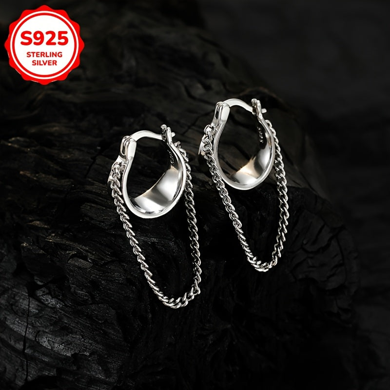 Stylish geometric buckle earrings paired with long braided earrings, perfect for fashion-forward women. Available in a sleek silvery color, weighing 6.5g or 0.23oz.