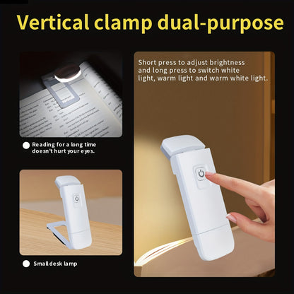 USB rechargeable book light with clip-on design, lithium battery, push button control, downlight, wall mountable, eye-care features.