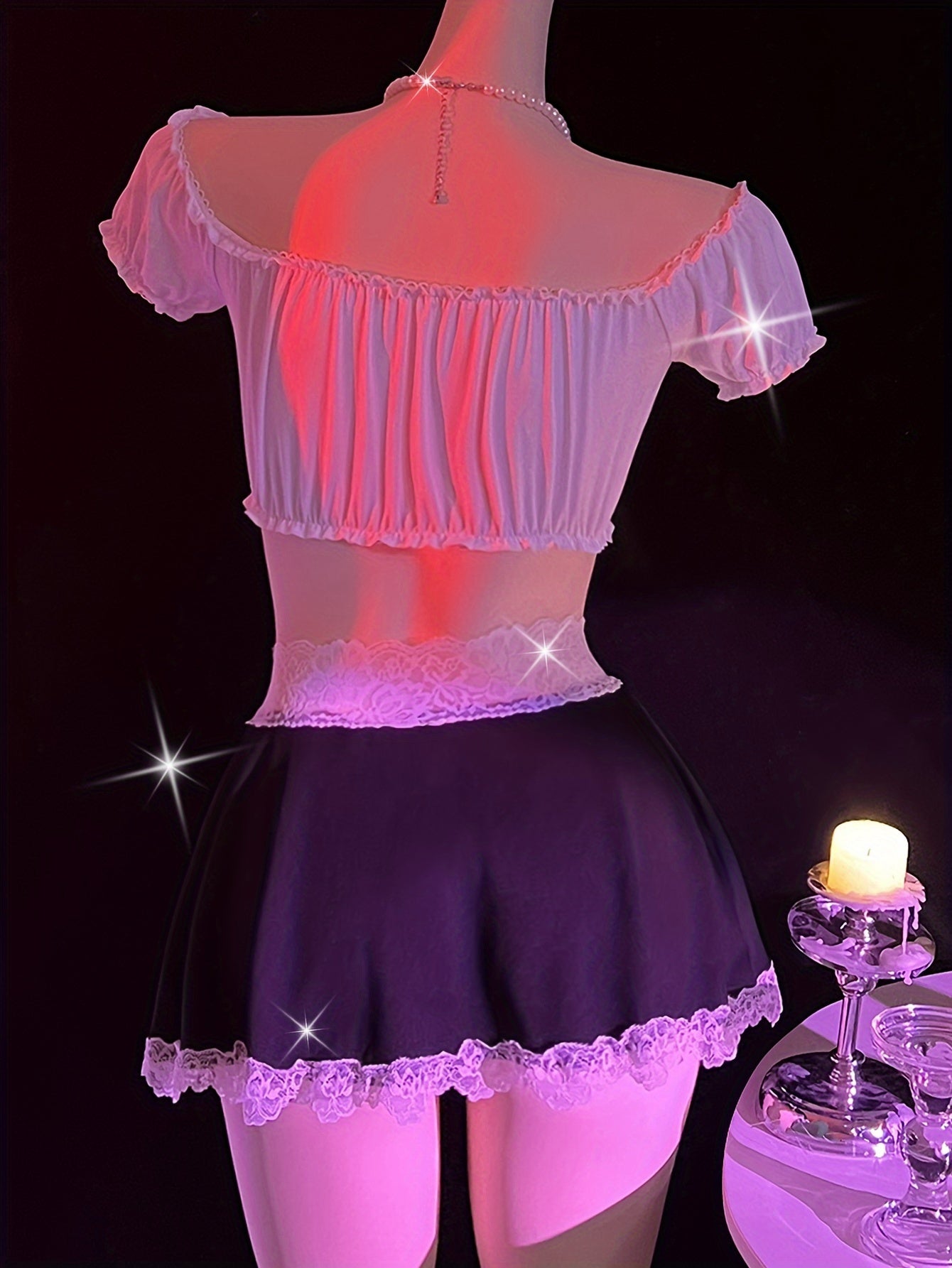 Stylish off-shoulder maid costume with sexy lace detail, made from a blend of polyester and elastane, not see-through - ideal for role play.