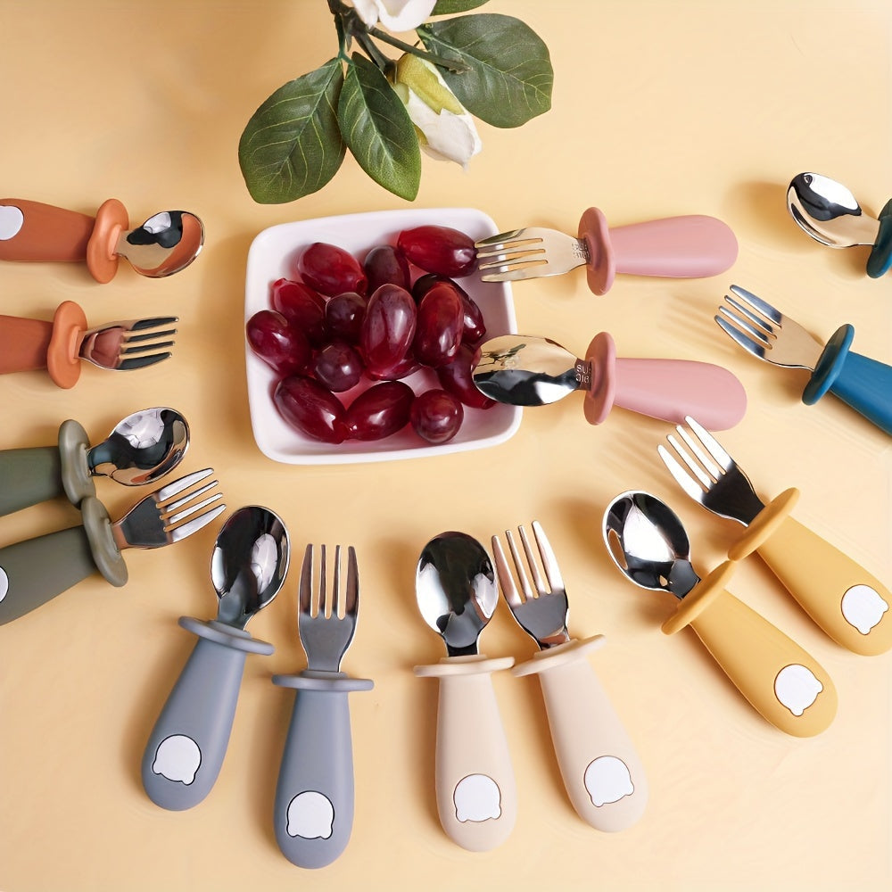 Personalized TYRY.HU Children's Feeding Set - Includes 2 Silicone & Stainless Steel Spoons and Forks, Non-Toxic, Great for Kids' Mealtime - Perfect Holiday Gift for Christmas or Halloween.