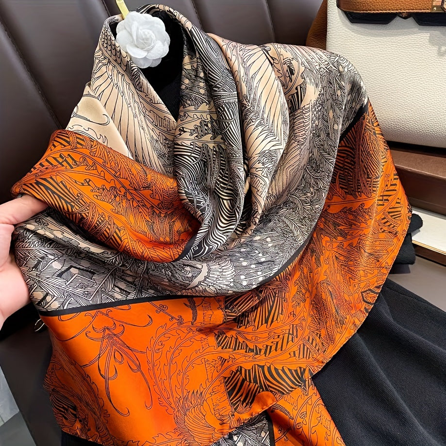 109.98cm Color Block Vine Printed Square Scarf for Women, Thin & Versatile Summer Shawl with Elegant Style, Sunscreen Headscarf.