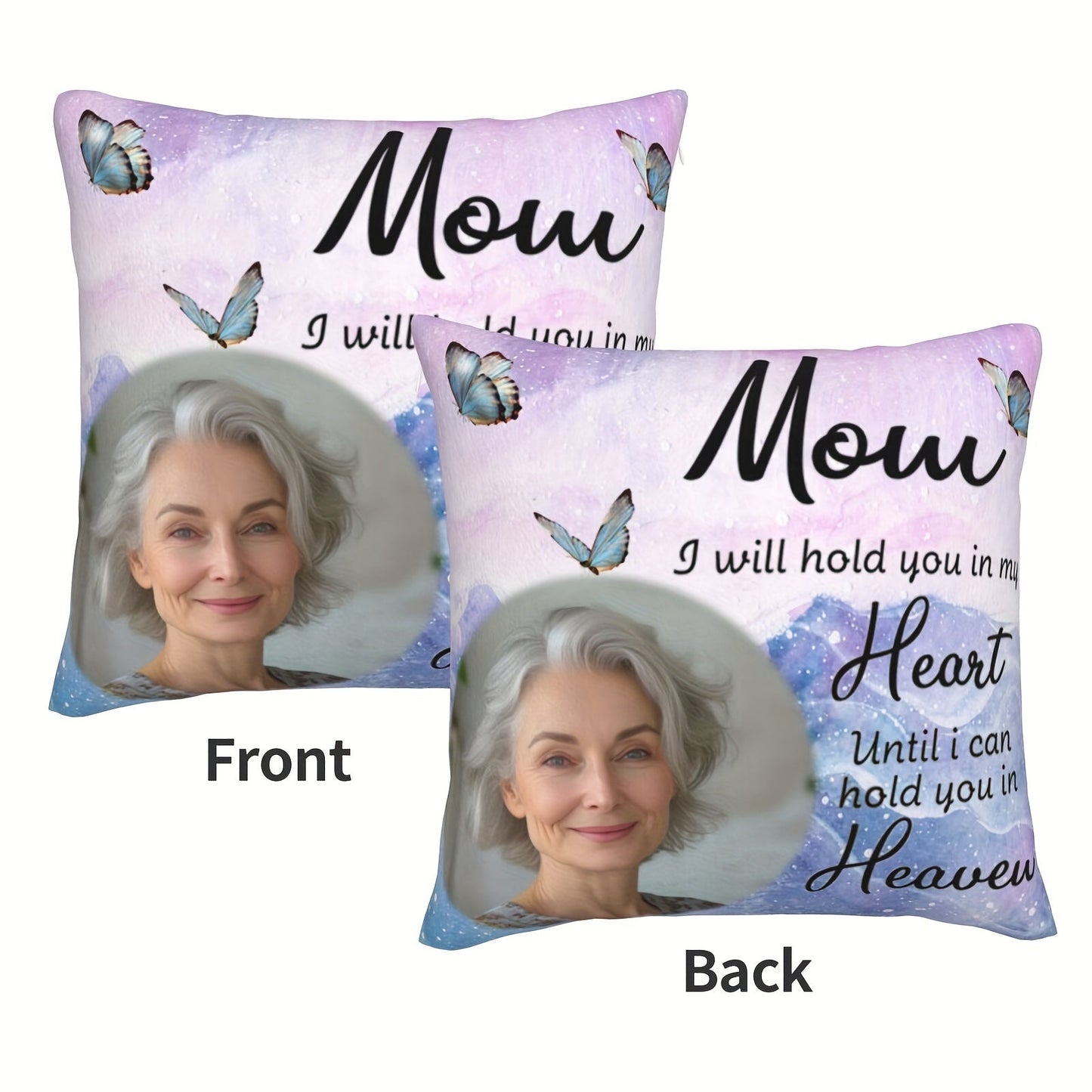 Personalized Polyester Pillowcase featuring a Custom Photo and Loving Message - Suitable for Ages 14 and Up, Includes 1 Plush Pillow Cover, Heartfelt Design with the Quote "Mom I Will Hold You in My Heart Until I Can Hold You in Heaven", Made of