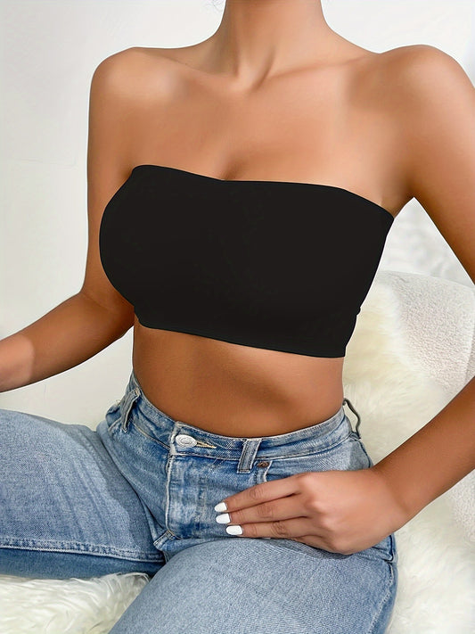 Solid anti-slip wireless bandeau top with push-up bra, comfy and casual lingerie for women.