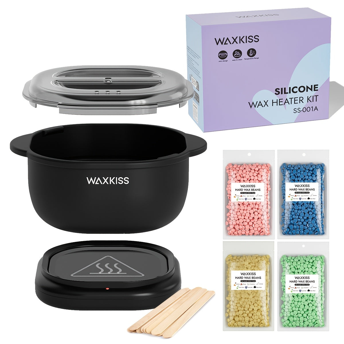 WAXKISS Mini Folding Silicone Wax Pot Heater, includes 1 Wax Machine, 4pcs Hard Wax, 10 Waxing Wooden Sticks, suitable for salon and home waxing.